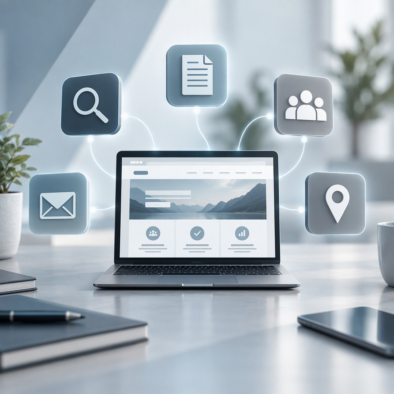 3D-Illustration einer Website als Zentrum der Online-Präsenz. Verbundene Symbole für SEO, Content Marketing, Social Media, E-Mail-Marketing und lokale SEO zeigen, wie verschiedene Kanäle gemeinsam zur Sichtbarkeit eines Unternehmens beitragen.