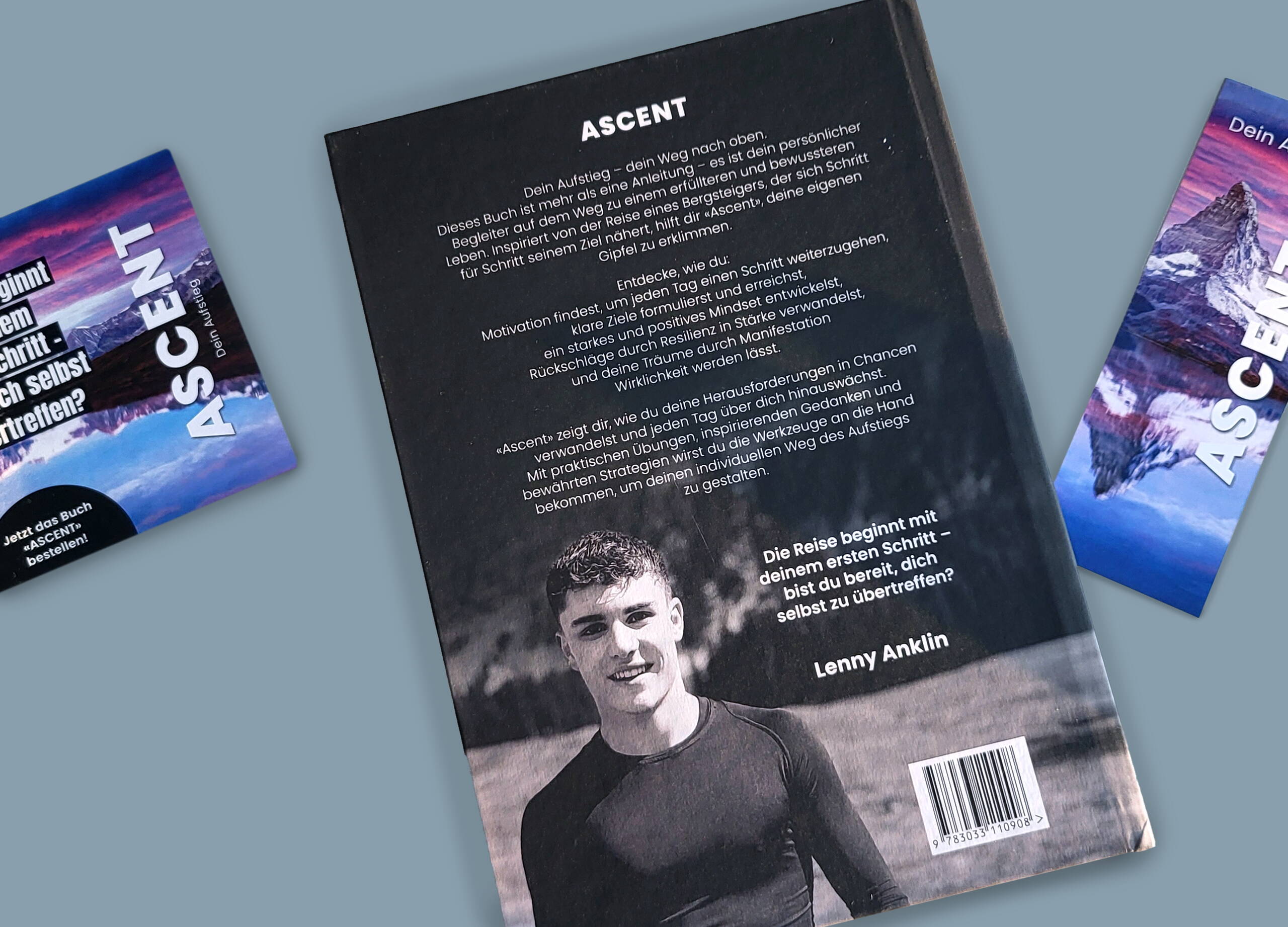 Die Grafik zeigt die Rückseite des Buches von Lenny Anklin, den Bestellschein sowie das Lesezeichen vom ASCENT – Dein Aufstieg