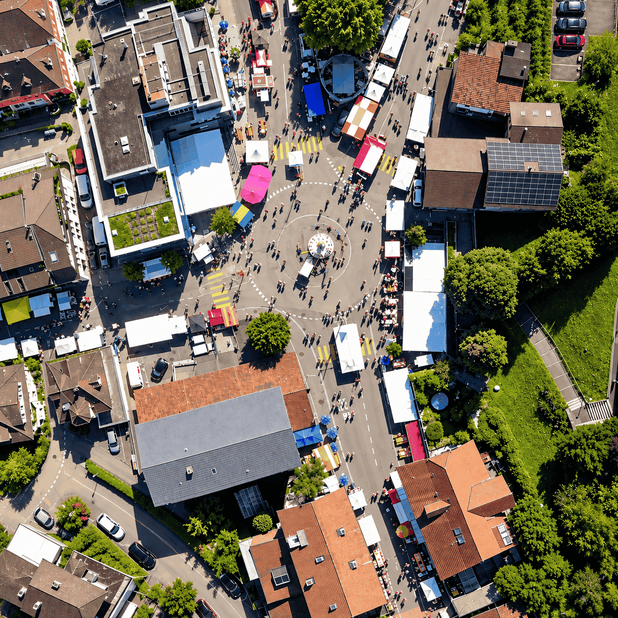 Drohnenaufnahme des Spiez-Märits mit zahlreichen Besuchenden, Marktständen und dem Veranstaltungsareal im Dorfzentrum von Spiez.