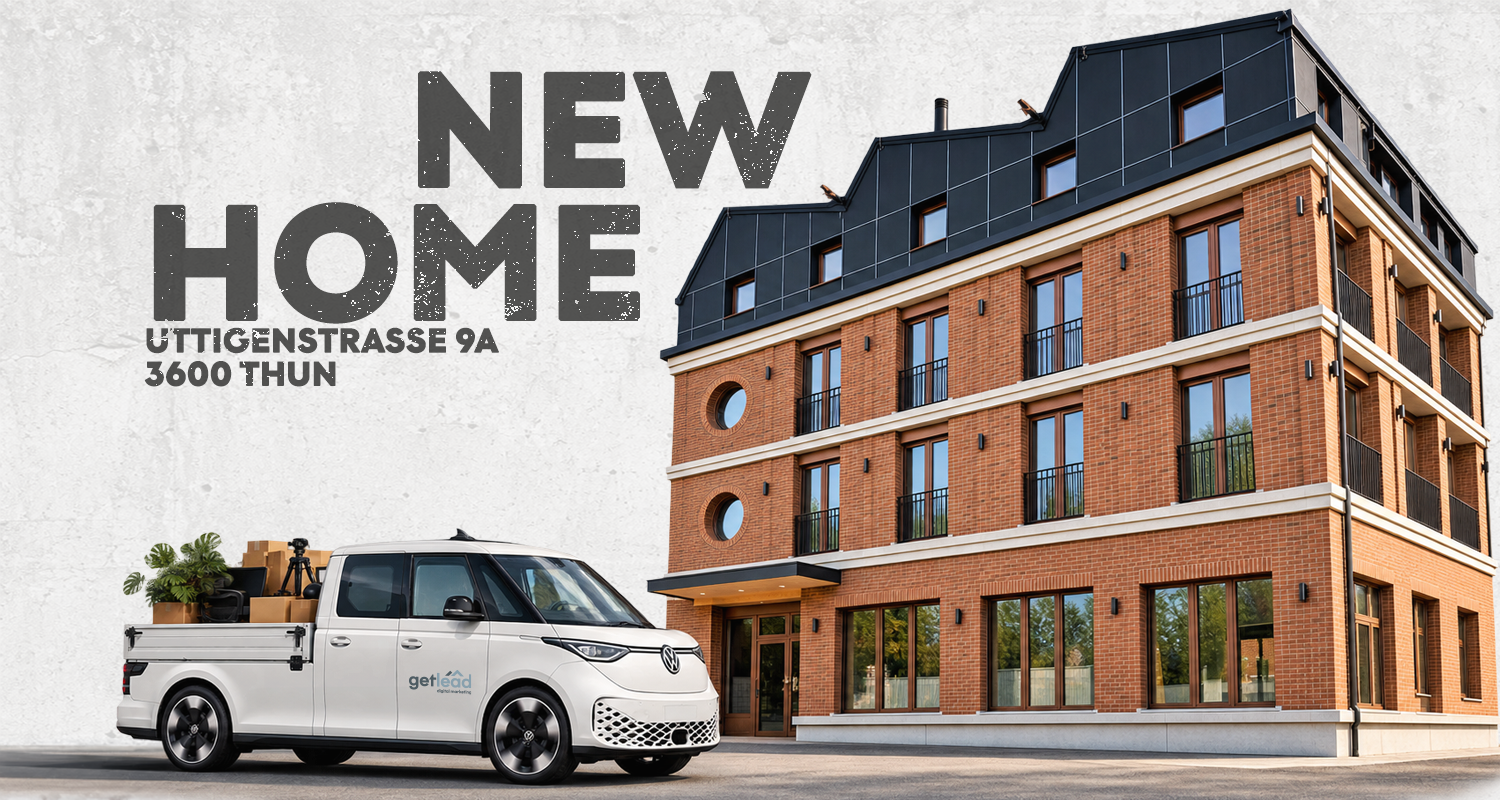 Umzugswagen von GetLead AG vor dem neuen Bürogebäude an der Uttigenstrasse 9A in 3600 Thun, mit dem Schriftzug "New Home"