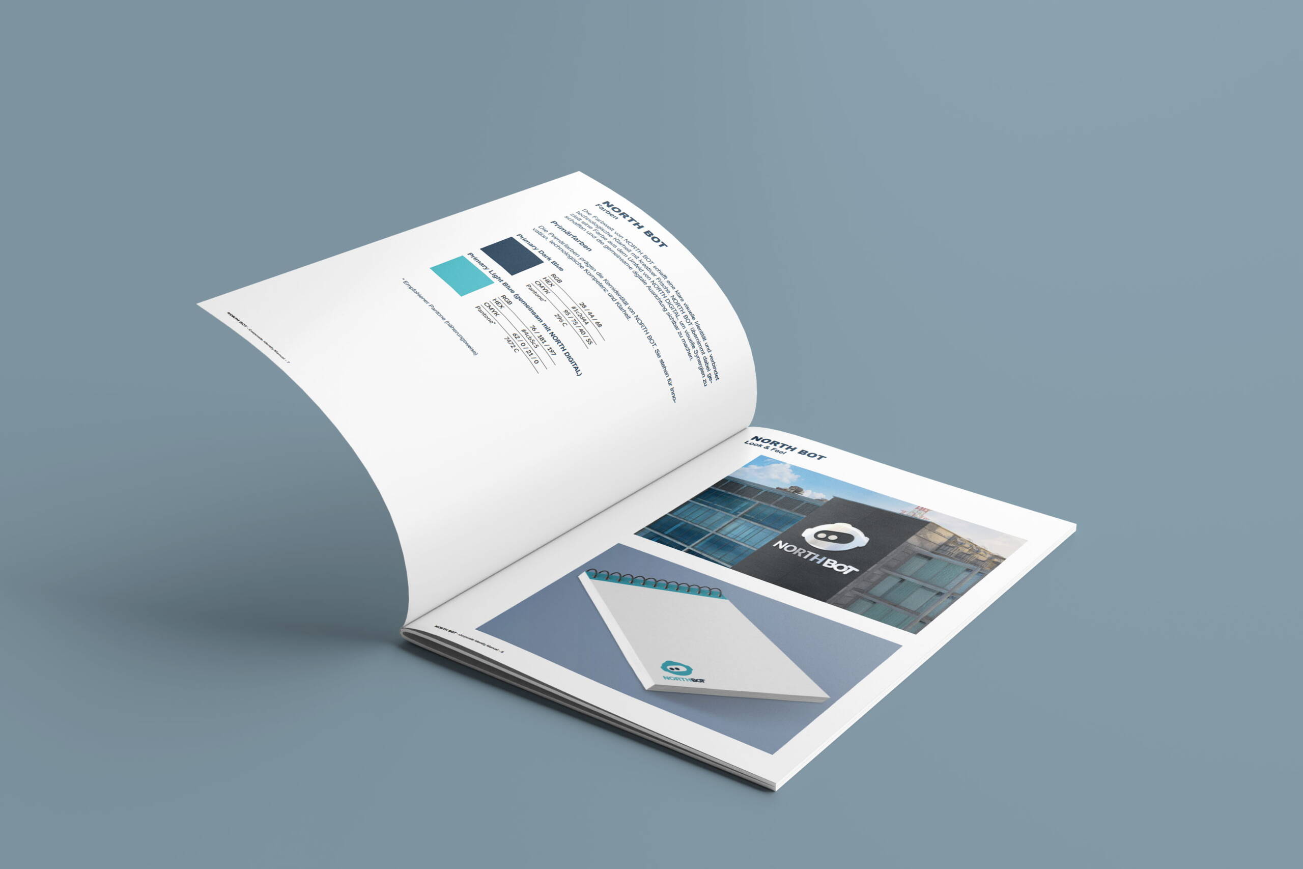 Corporate Identity Manual – Farbwelt und Logo-Anwendungen Ein Blick ins Northbot‑CI‑Manual: definierte Farbwerte und praktische Anwendungsbeispiele sorgen für klare, einheitliche Markenführung.