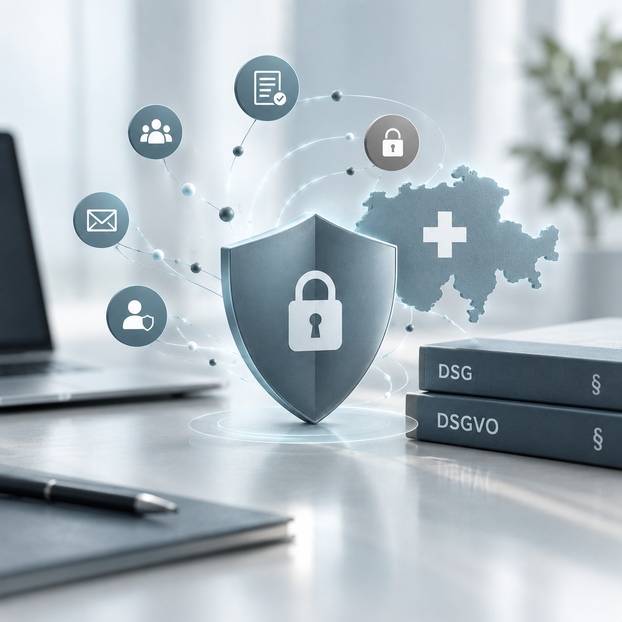 Symbolische Darstellung von Datenschutz und Datensicherheit in der digitalen Lead-Generierung. Ein Schutzschild, Symbole für Personendaten und Kommunikation sowie Verweise auf DSG und DSGVO verdeutlichen die Anforderungen an den rechtssicheren Umgang mit Personendaten in der Schweiz und der EU.