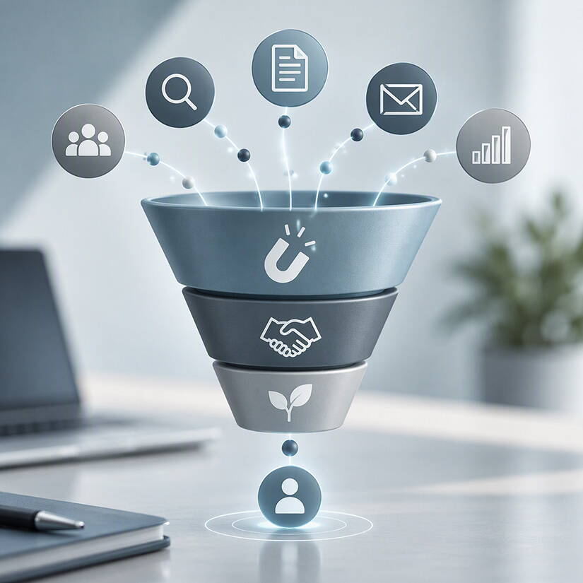 3D-Illustration eines dreistufigen Lead-Generierungs-Funnels. Marketingkanäle wie SEO, Content Marketing, E-Mail-Marketing und Social Media führen potenzielle Interessenten durch die Phasen Gewinnen, Überzeugen und Pflegen bis zum qualifizierten Lead.