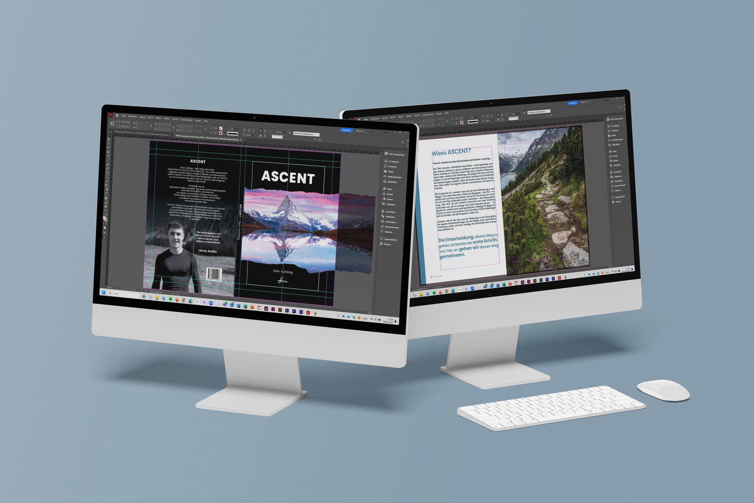 Zwei Bildschirme, einer mit dem Buchcover und einer mit der Abbildung einer Doppelseite des Inhalts, symbolisieren den gesamten Self-Publishing-Prozess von der Bestellung bis zum fertigen Produkt. Geeignet für ausführliche Artikel über die verschiedenen Aspekte des Self-Publishing.