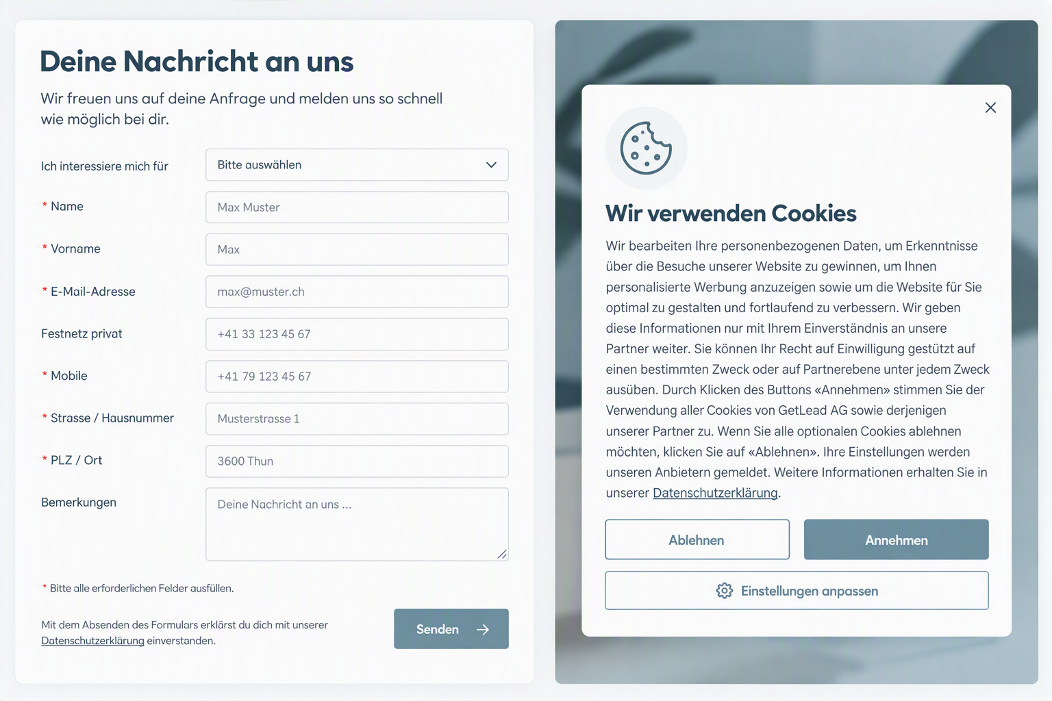 Modernes Kontaktformular mit Pflichtfeldern, Datenschutzhinweis und Verweis auf die Datenschutzerklärung. Transparente Informationen bei der Datenerhebung unterstützen die rechtskonforme Lead-Generierung gemäss DSG.