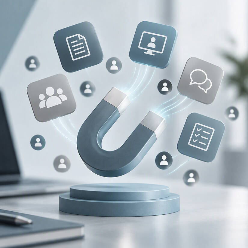 Lead-Magneten und Anreize zur erfolgreichen Lead-Generierung Ein stilisierter Magnet zieht verschiedene digitale Angebote wie Checklisten, Formulare, Beratungen und Webinare an und symbolisiert die Gewinnung qualifizierter Leads durch attraktive Lead-Magneten.